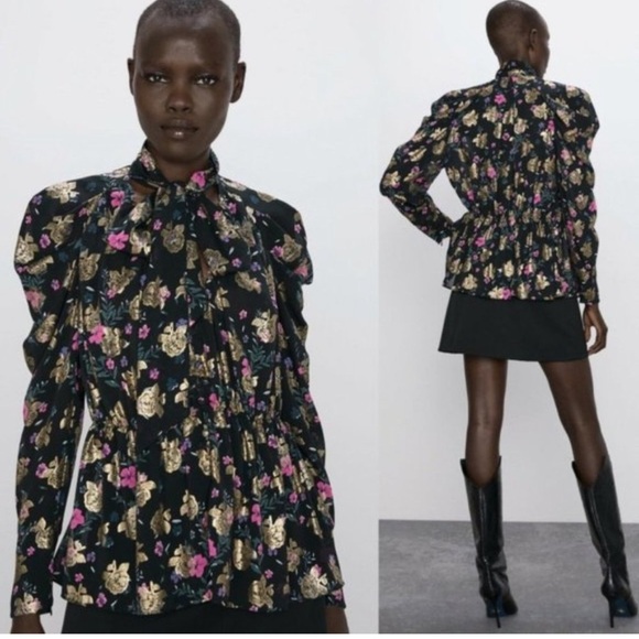 Zara Black and Pink Blouse with Puff Sleeves and Tie Front - Picture 1 of 15